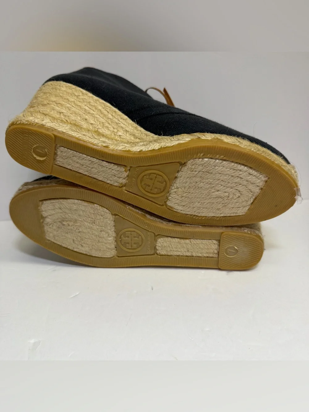 Tory Burch Black Canvas Espadrille Wedges with Tan Leather Trim Size‎ 7